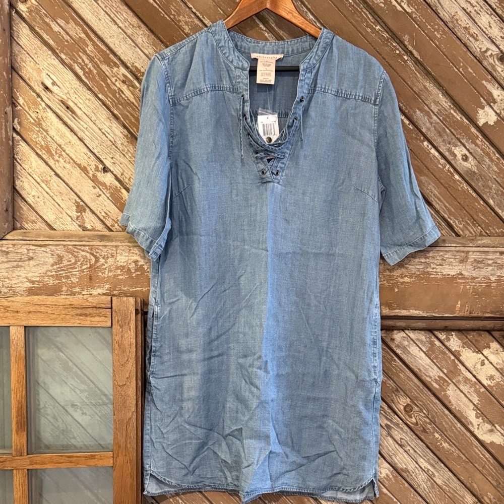 Philosophy Light Wash Denim Top /Dress tie front side pockets